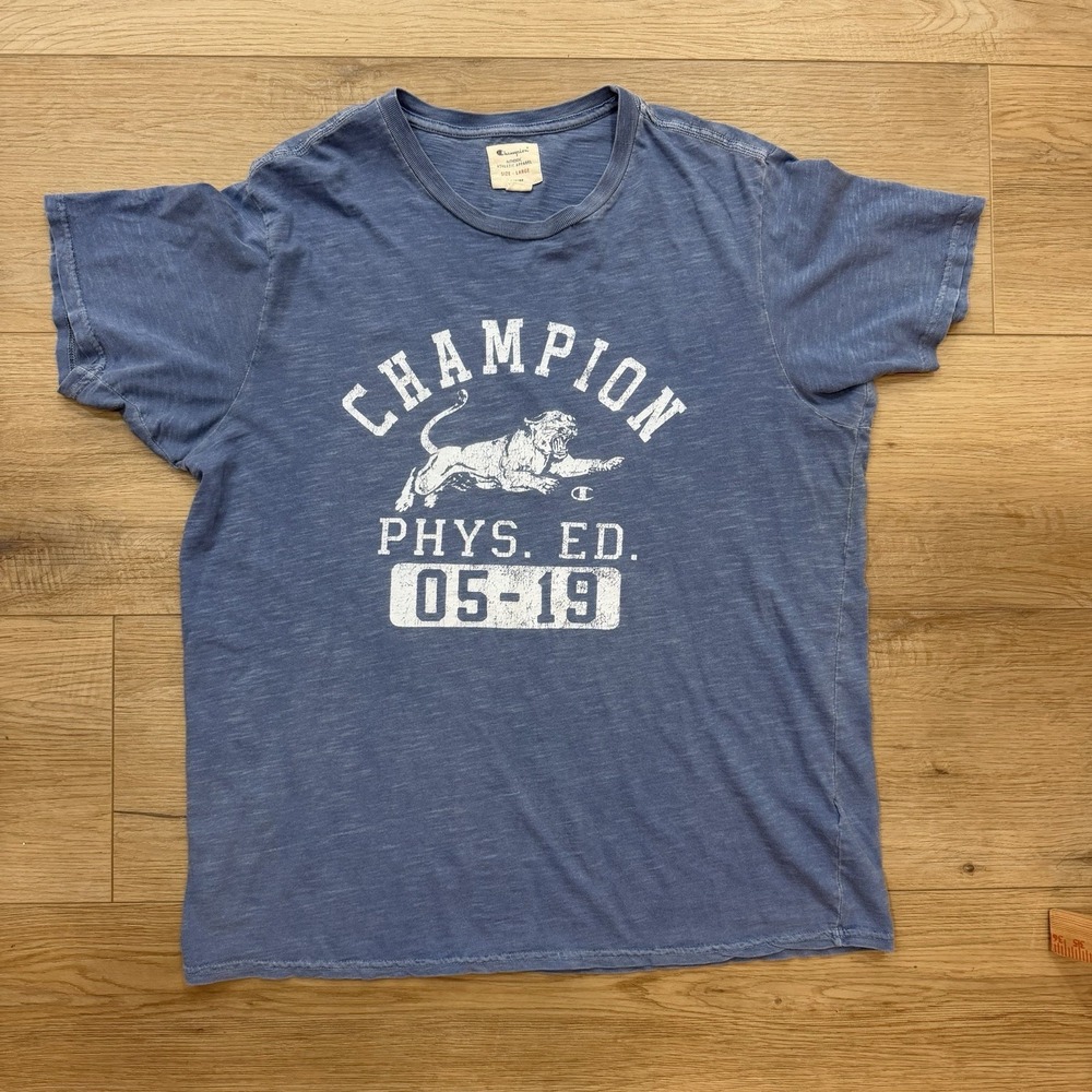 Champion Phys Ed Graphic T Shirt Mens Large Blue Distressed Athletic Logo Tee